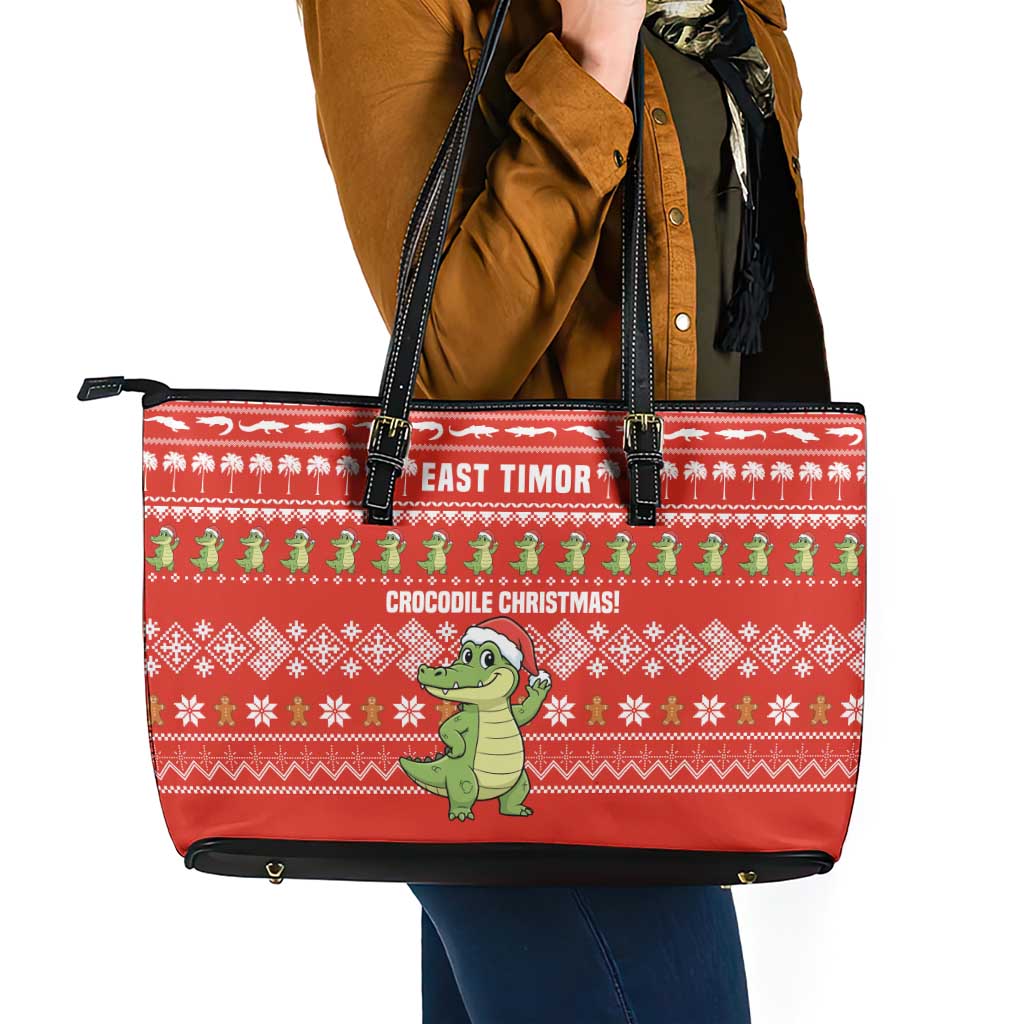 East Timor Christmas Leather Tote Bag with Santa Crocodile Gingerbread Palm Trees and Red Holiday - Wonder Print Shop