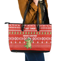 East Timor Christmas Leather Tote Bag with Santa Crocodile Gingerbread Palm Trees and Red Holiday - Wonder Print Shop