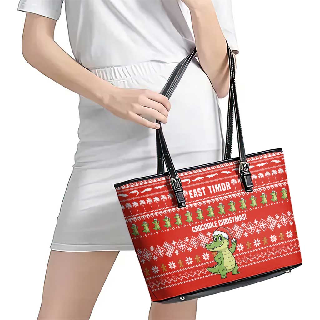 East Timor Christmas Leather Tote Bag with Santa Crocodile Gingerbread Palm Trees and Red Holiday - Wonder Print Shop
