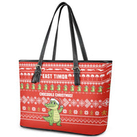 East Timor Christmas Leather Tote Bag with Santa Crocodile Gingerbread Palm Trees and Red Holiday - Wonder Print Shop