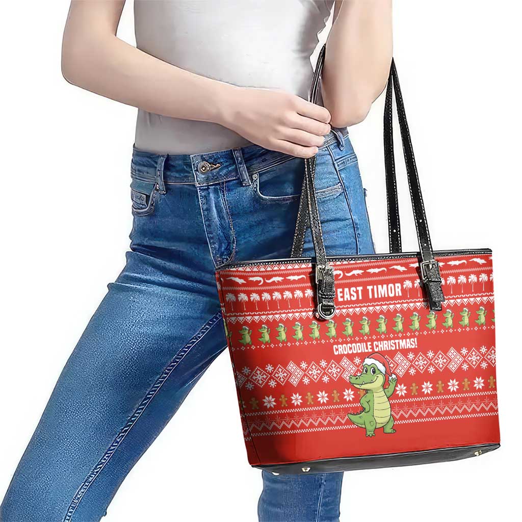 East Timor Christmas Leather Tote Bag with Santa Crocodile Gingerbread Palm Trees and Red Holiday - Wonder Print Shop