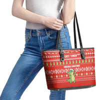 East Timor Christmas Leather Tote Bag with Santa Crocodile Gingerbread Palm Trees and Red Holiday - Wonder Print Shop