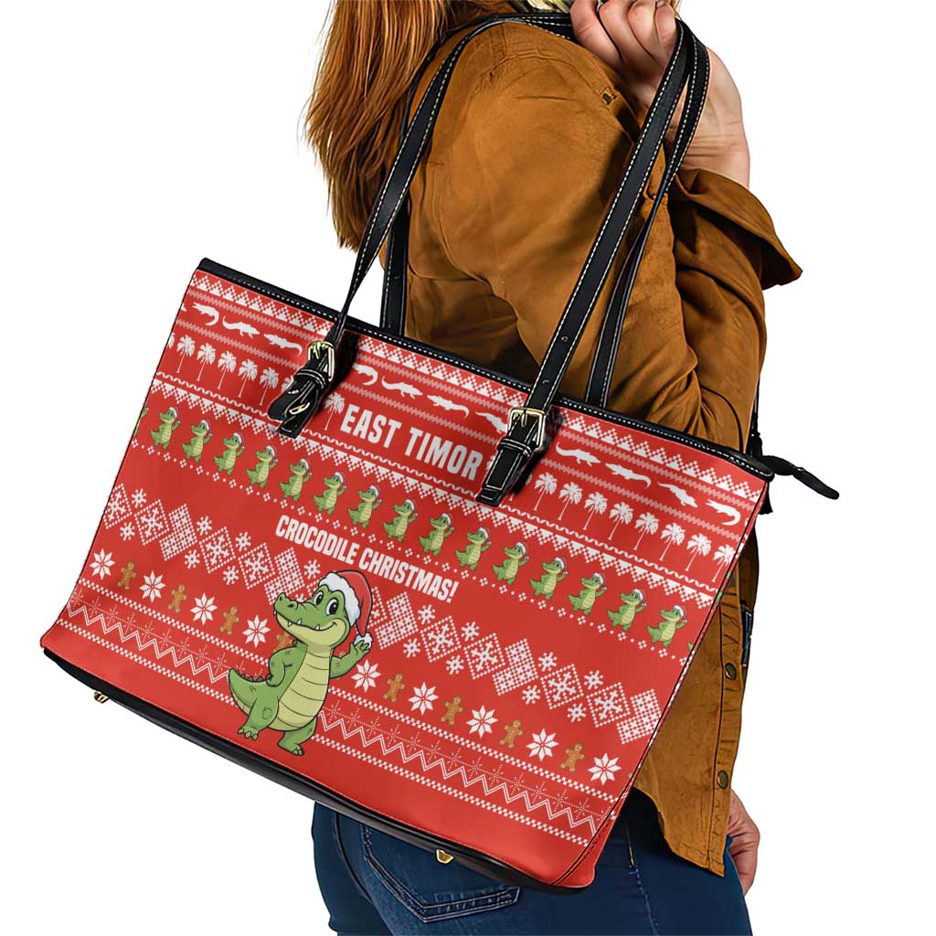 East Timor Christmas Leather Tote Bag with Santa Crocodile Gingerbread Palm Trees and Red Holiday - Wonder Print Shop