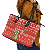 East Timor Christmas Leather Tote Bag with Santa Crocodile Gingerbread Palm Trees and Red Holiday - Wonder Print Shop