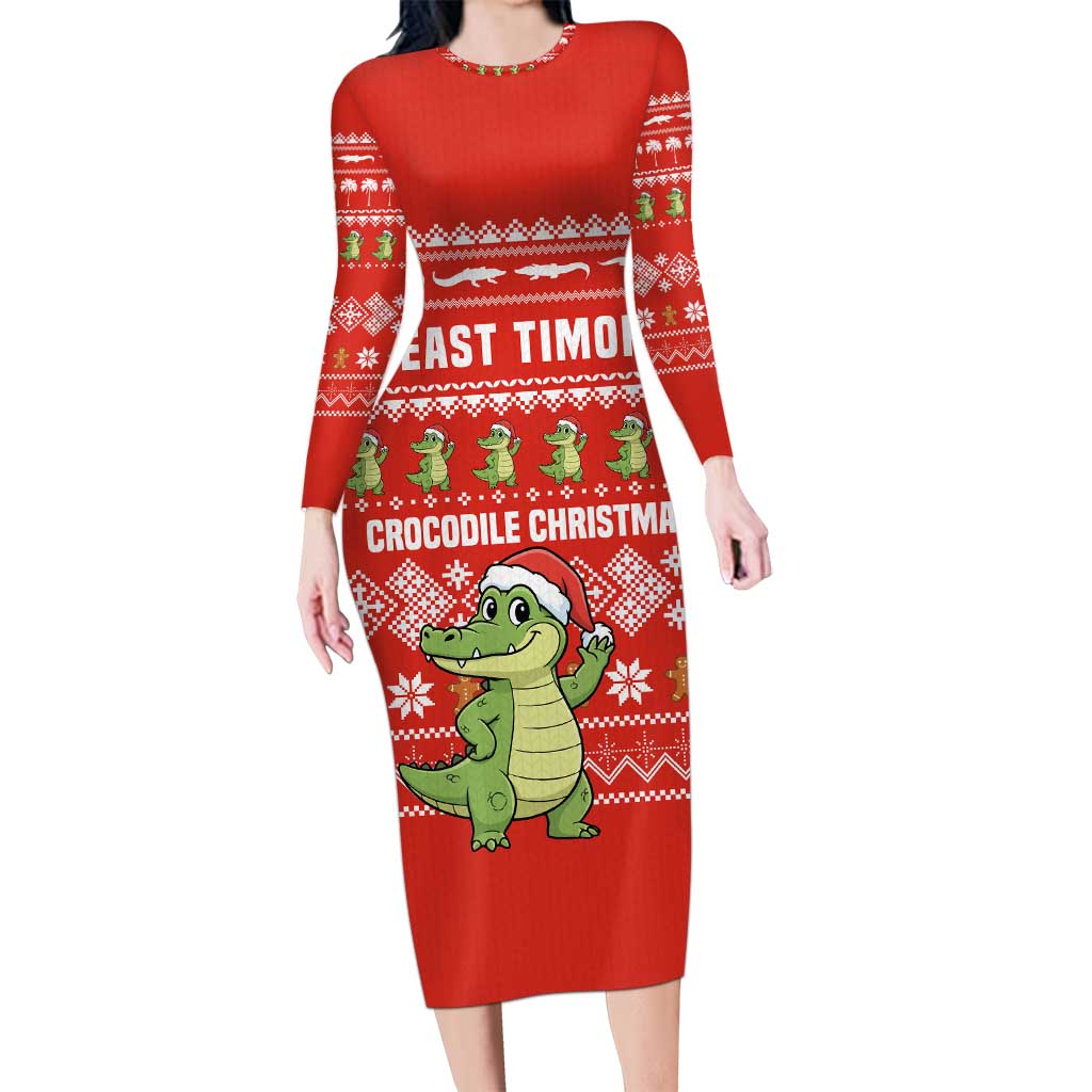 East Timor Christmas Long Sleeve Bodycon Dress with Santa Crocodile Gingerbread Palm Trees and Red Holiday - Wonder Print Shop