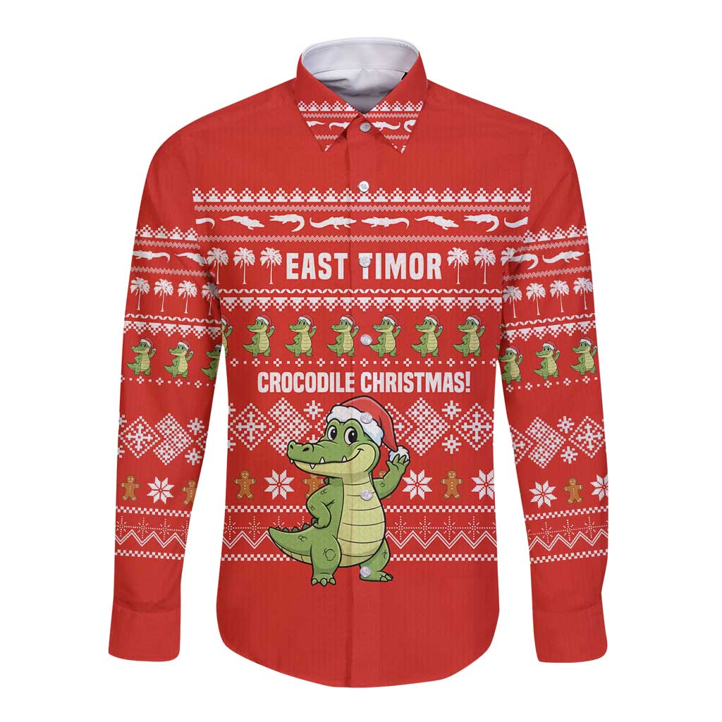 East Timor Christmas Long Sleeve Button Shirt with Santa Crocodile Gingerbread Palm Trees and Red Holiday - Wonder Print Shop