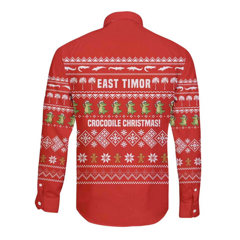 East Timor Christmas Long Sleeve Button Shirt with Santa Crocodile Gingerbread Palm Trees and Red Holiday - Wonder Print Shop