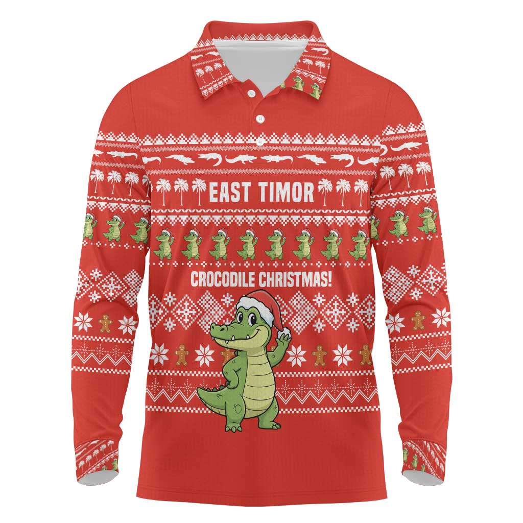 East Timor Christmas Long Sleeve Polo Shirt with Santa Crocodile Gingerbread Palm Trees and Red Holiday - Wonder Print Shop