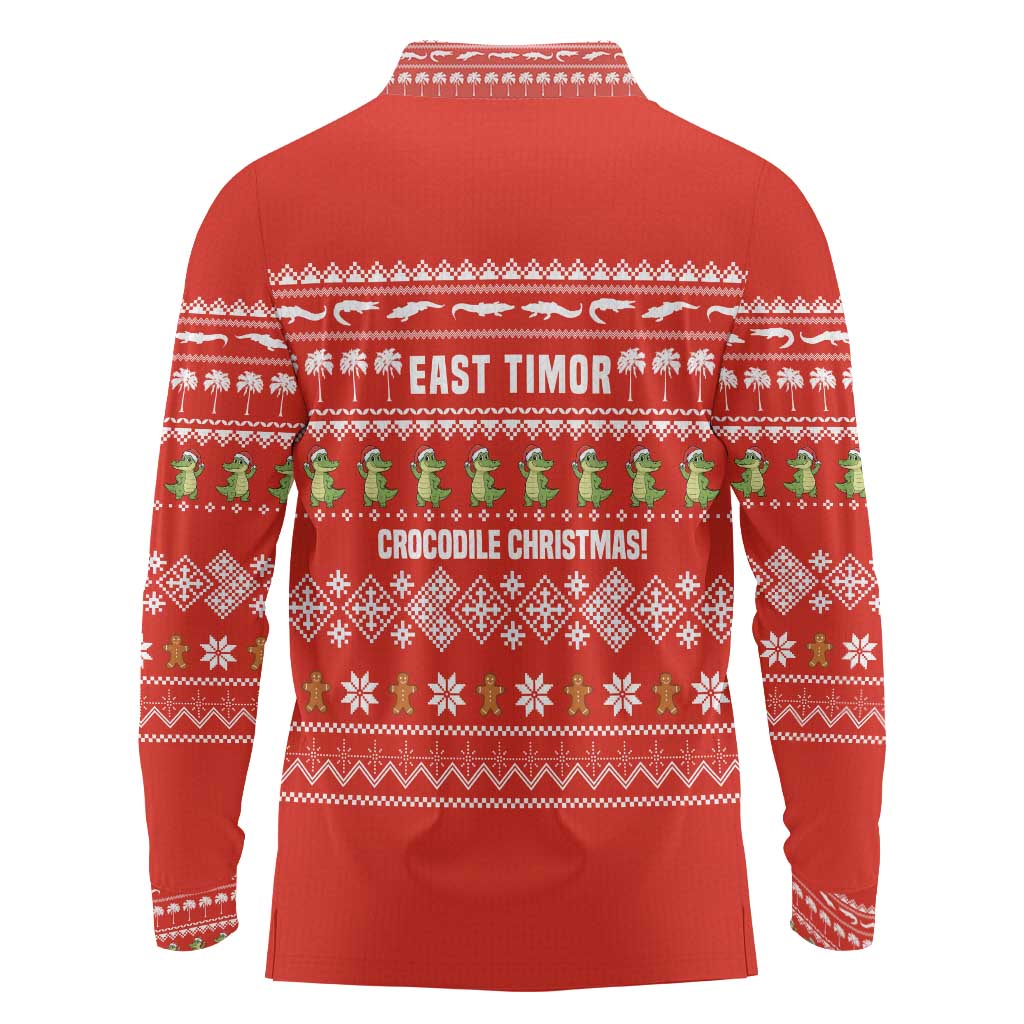 East Timor Christmas Long Sleeve Polo Shirt with Santa Crocodile Gingerbread Palm Trees and Red Holiday - Wonder Print Shop