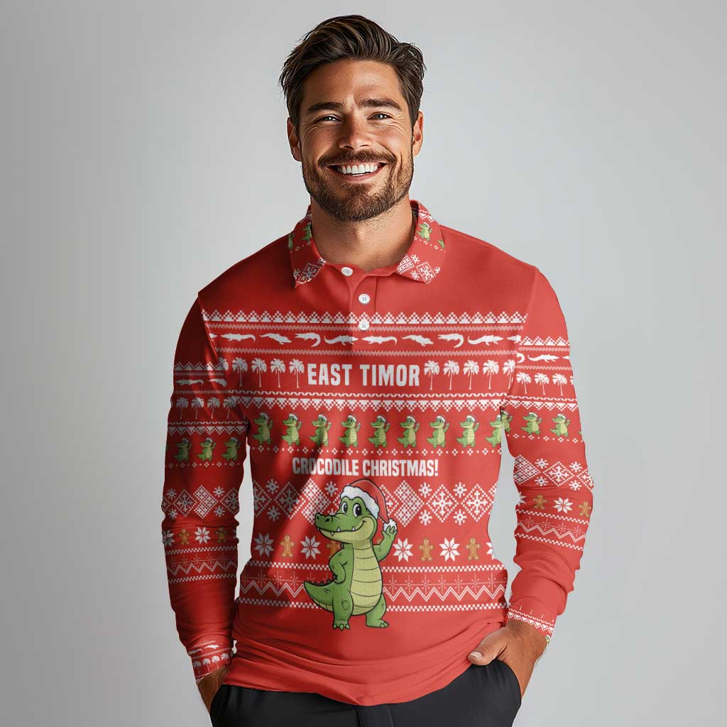East Timor Christmas Long Sleeve Polo Shirt with Santa Crocodile Gingerbread Palm Trees and Red Holiday - Wonder Print Shop