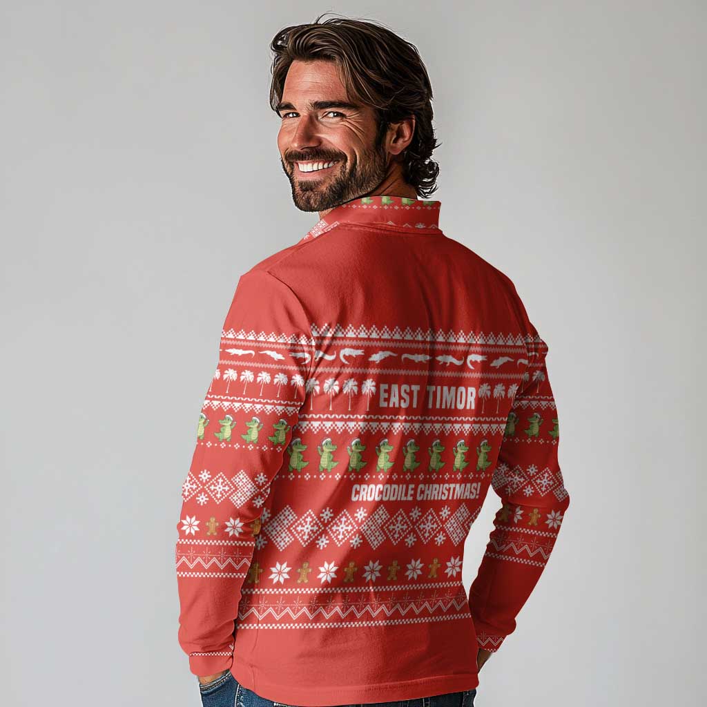 East Timor Christmas Long Sleeve Polo Shirt with Santa Crocodile Gingerbread Palm Trees and Red Holiday - Wonder Print Shop