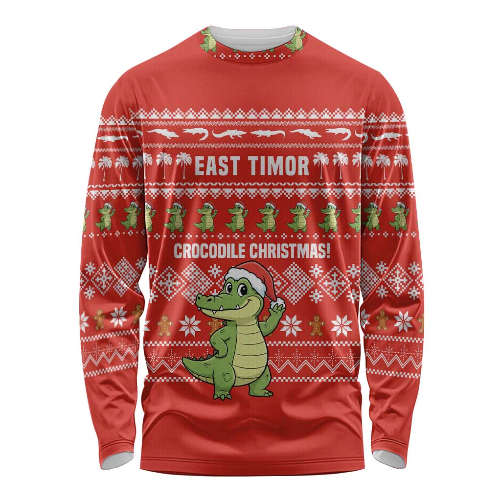 East Timor Christmas Long Sleeve Shirt with Santa Crocodile Gingerbread Palm Trees and Red Holiday - Wonder Print Shop