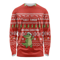 East Timor Christmas Long Sleeve Shirt with Santa Crocodile Gingerbread Palm Trees and Red Holiday - Wonder Print Shop