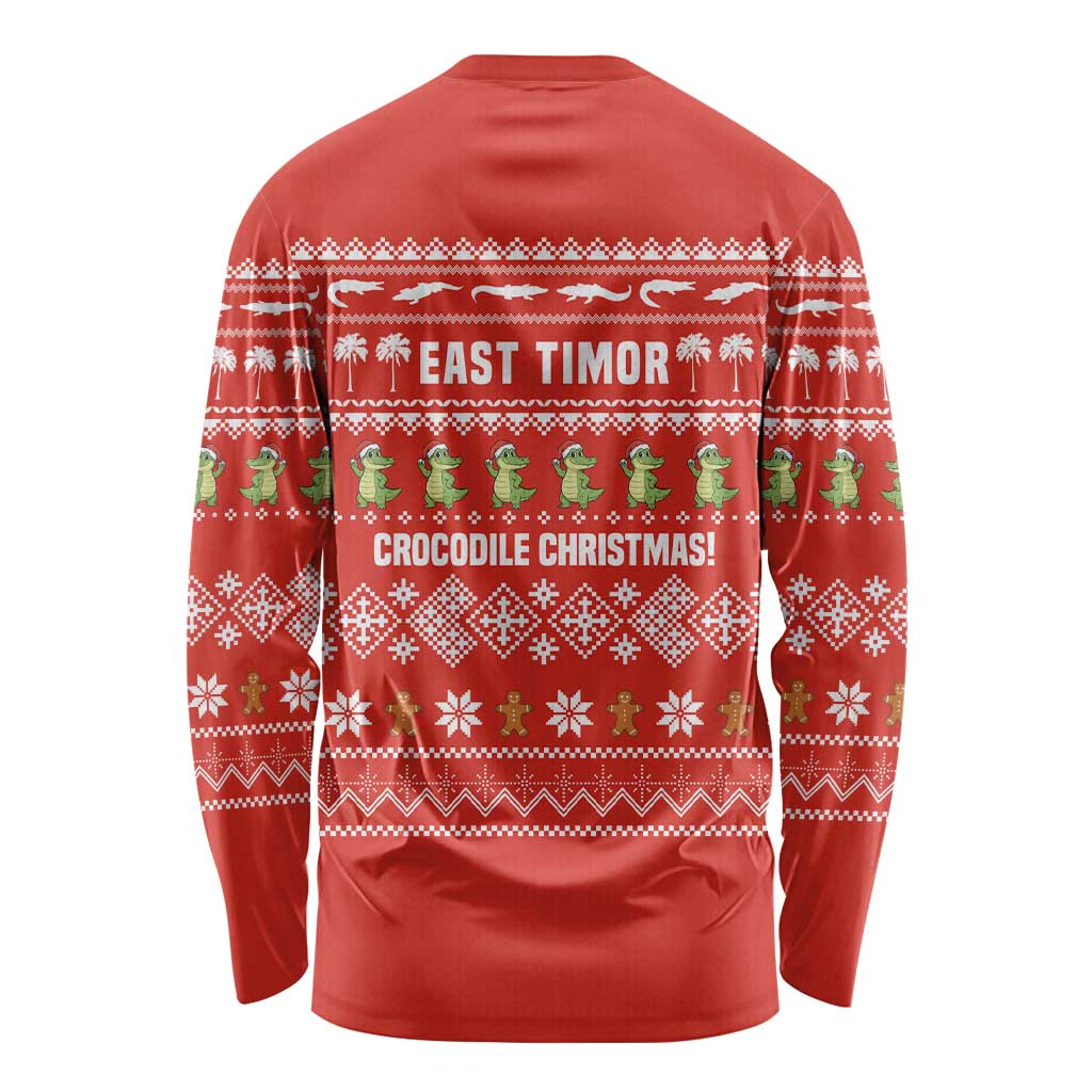 East Timor Christmas Long Sleeve Shirt with Santa Crocodile Gingerbread Palm Trees and Red Holiday - Wonder Print Shop
