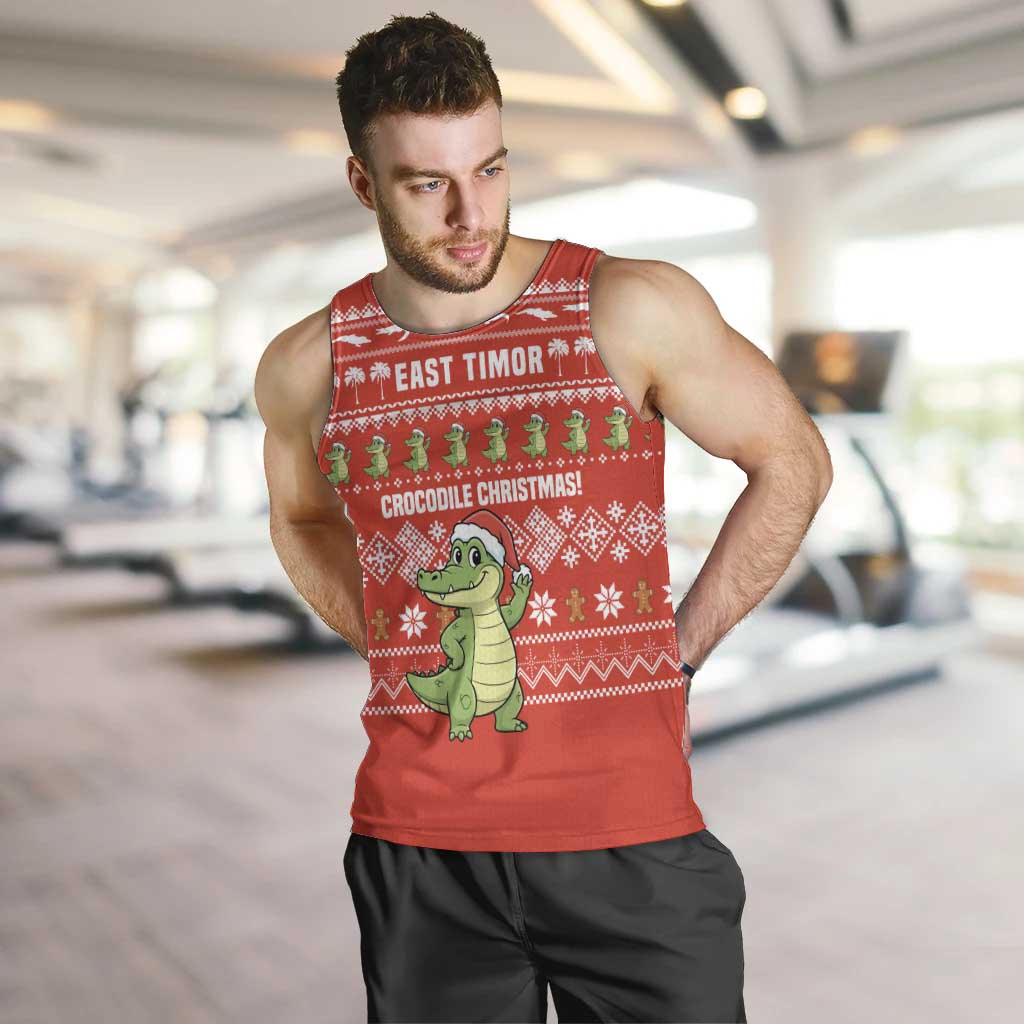 East Timor Christmas Men Tank Top with Santa Crocodile Gingerbread Palm Trees and Red Holiday - Wonder Print Shop