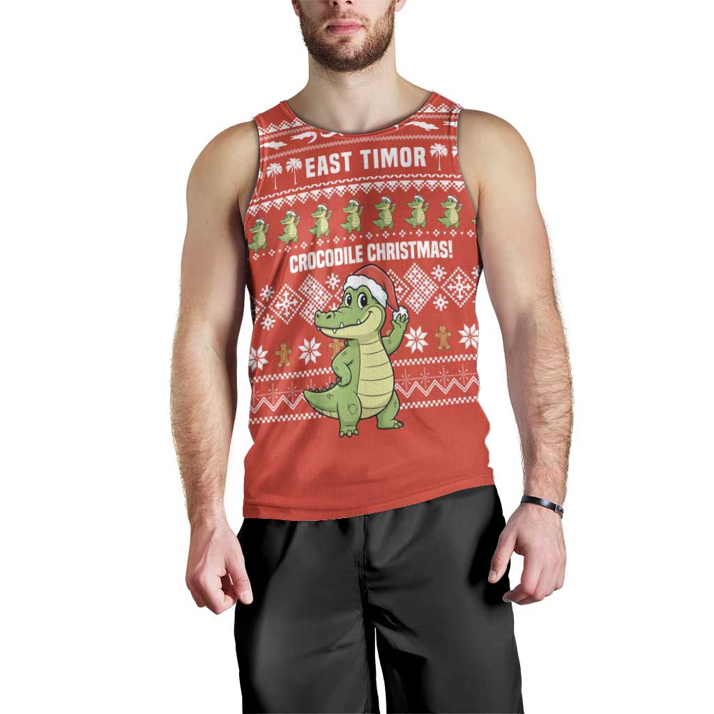 East Timor Christmas Men Tank Top with Santa Crocodile Gingerbread Palm Trees and Red Holiday - Wonder Print Shop
