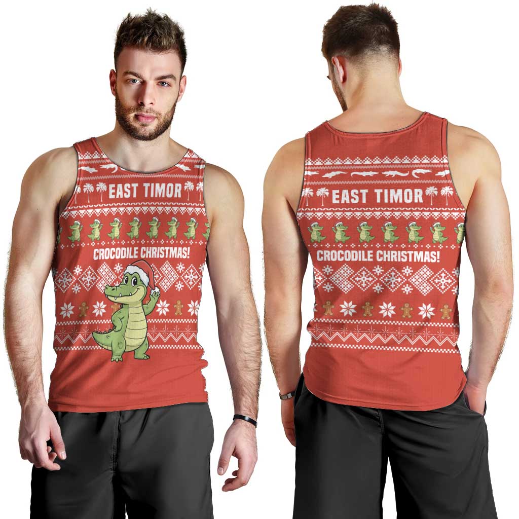 East Timor Christmas Men Tank Top with Santa Crocodile Gingerbread Palm Trees and Red Holiday - Wonder Print Shop