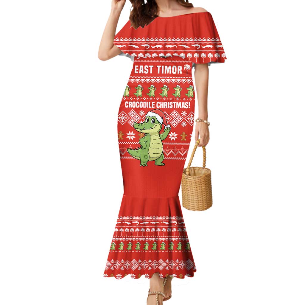 East Timor Christmas Mermaid Dress with Santa Crocodile Gingerbread Palm Trees and Red Holiday - Wonder Print Shop