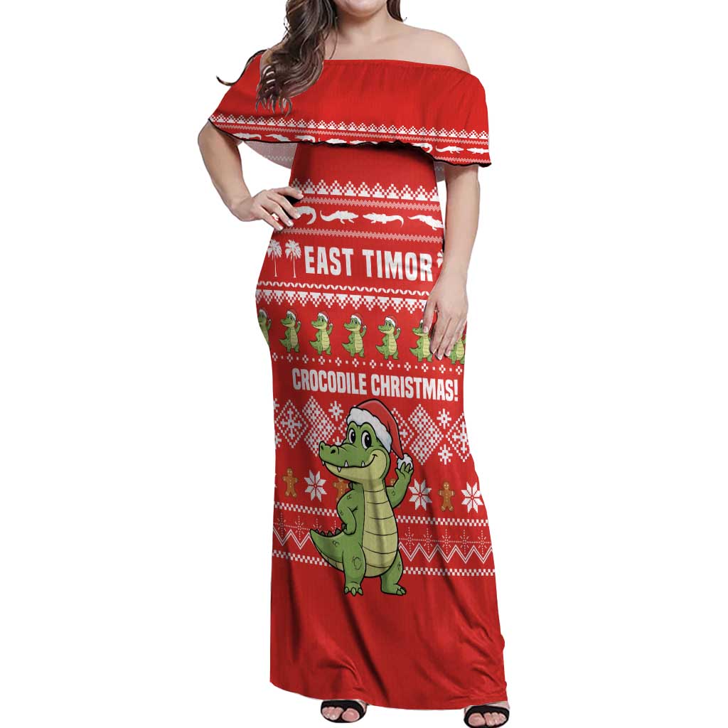 East Timor Christmas Off Shoulder Maxi Dress with Santa Crocodile Gingerbread Palm Trees and Red Holiday - Wonder Print Shop