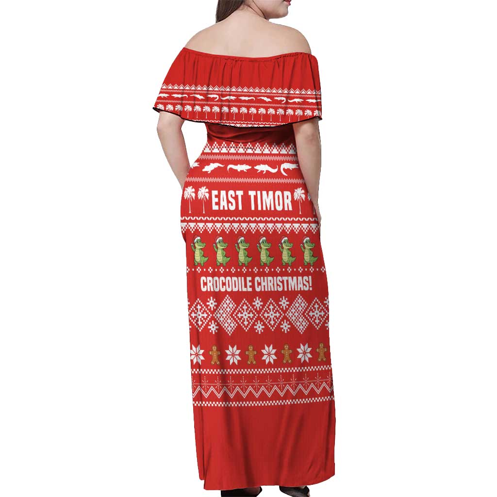 East Timor Christmas Off Shoulder Maxi Dress with Santa Crocodile Gingerbread Palm Trees and Red Holiday - Wonder Print Shop