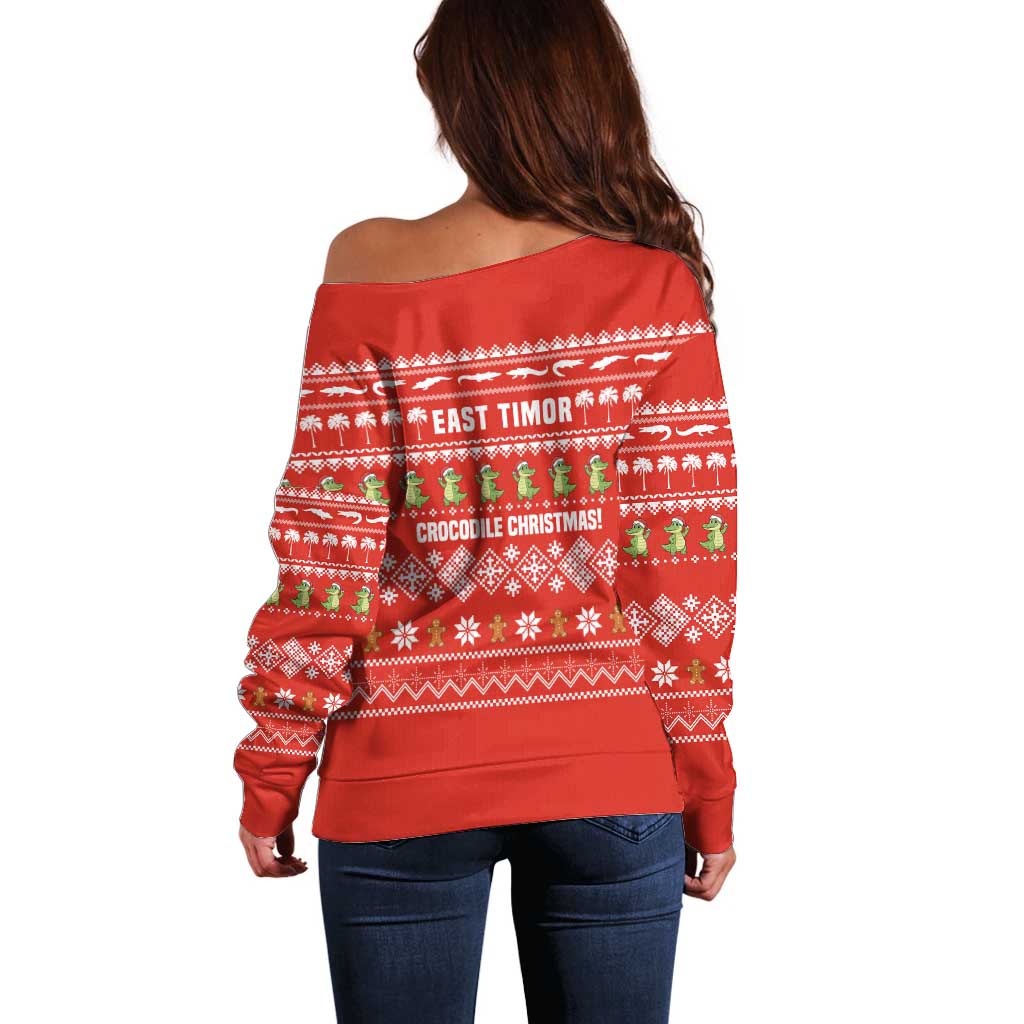 East Timor Christmas Off Shoulder Sweater with Santa Crocodile Gingerbread Palm Trees and Red Holiday - Wonder Print Shop