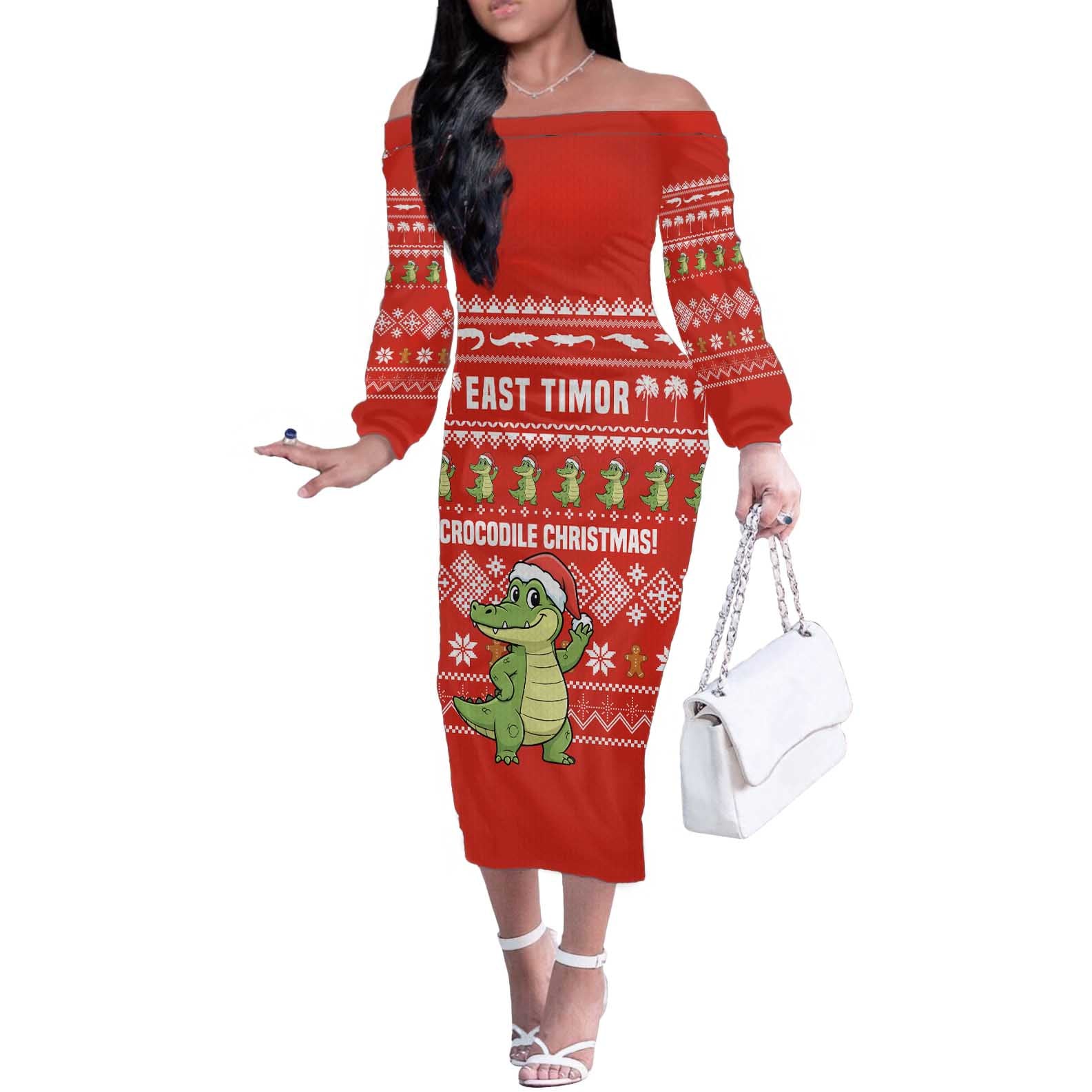 East Timor Christmas Off The Shoulder Long Sleeve Dress with Santa Crocodile Gingerbread Palm Trees and Red Holiday - Wonder Print Shop