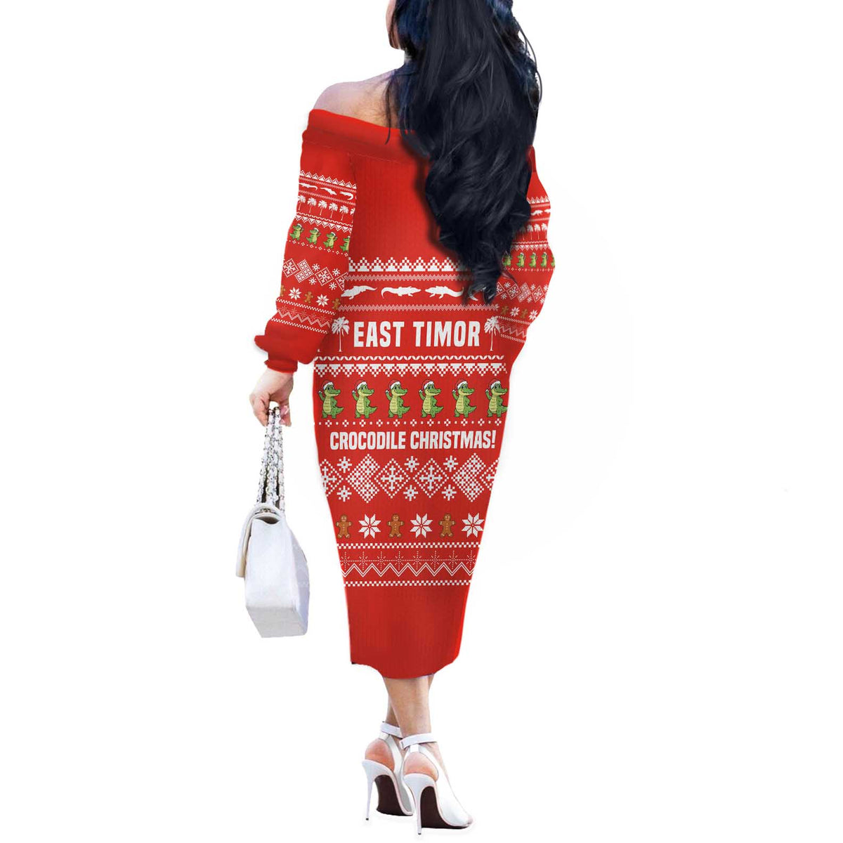 East Timor Christmas Off The Shoulder Long Sleeve Dress with Santa Crocodile Gingerbread Palm Trees and Red Holiday - Wonder Print Shop