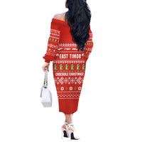 East Timor Christmas Off The Shoulder Long Sleeve Dress with Santa Crocodile Gingerbread Palm Trees and Red Holiday - Wonder Print Shop