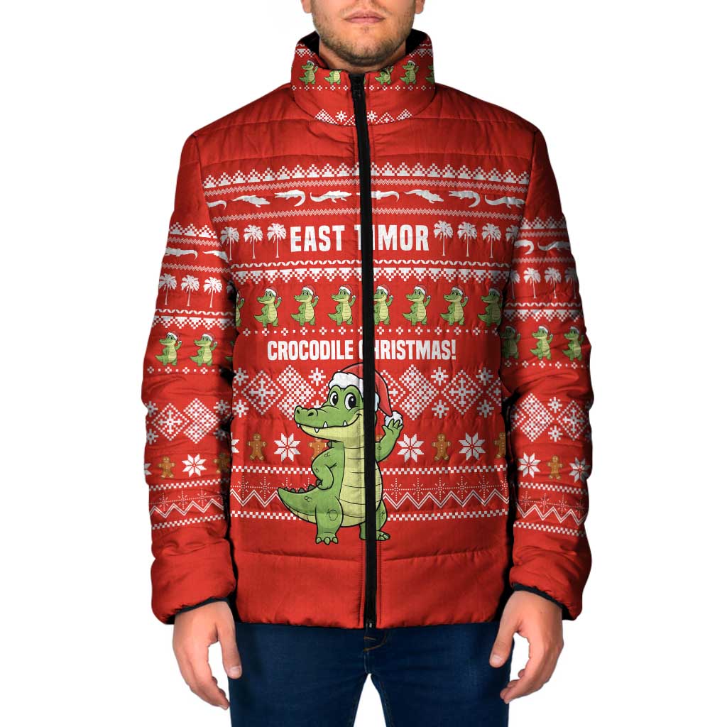 East Timor Christmas Padded Jacket with Santa Crocodile Gingerbread Palm Trees and Red Holiday - Wonder Print Shop