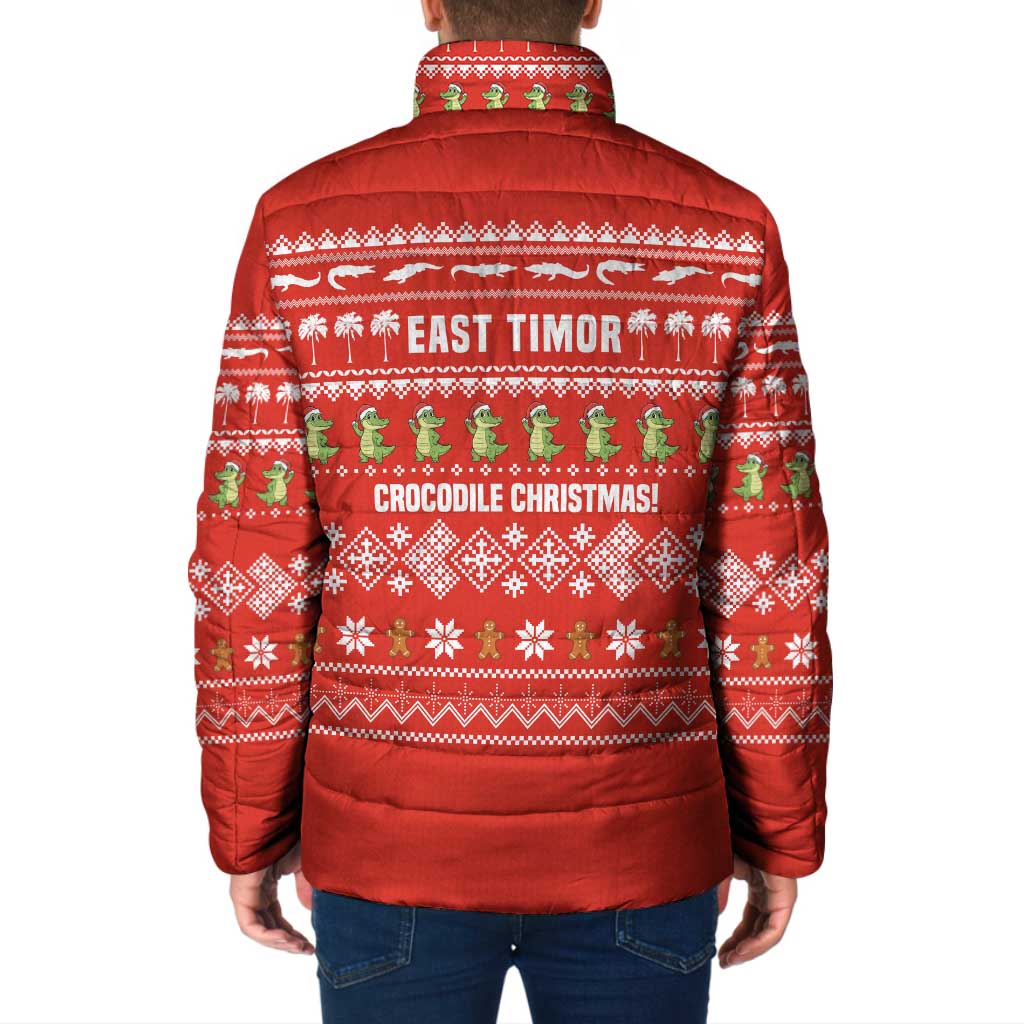 East Timor Christmas Padded Jacket with Santa Crocodile Gingerbread Palm Trees and Red Holiday - Wonder Print Shop