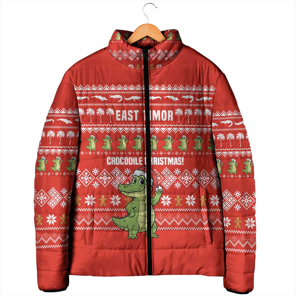 East Timor Christmas Padded Jacket with Santa Crocodile Gingerbread Palm Trees and Red Holiday - Wonder Print Shop