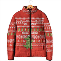 East Timor Christmas Padded Jacket with Santa Crocodile Gingerbread Palm Trees and Red Holiday - Wonder Print Shop