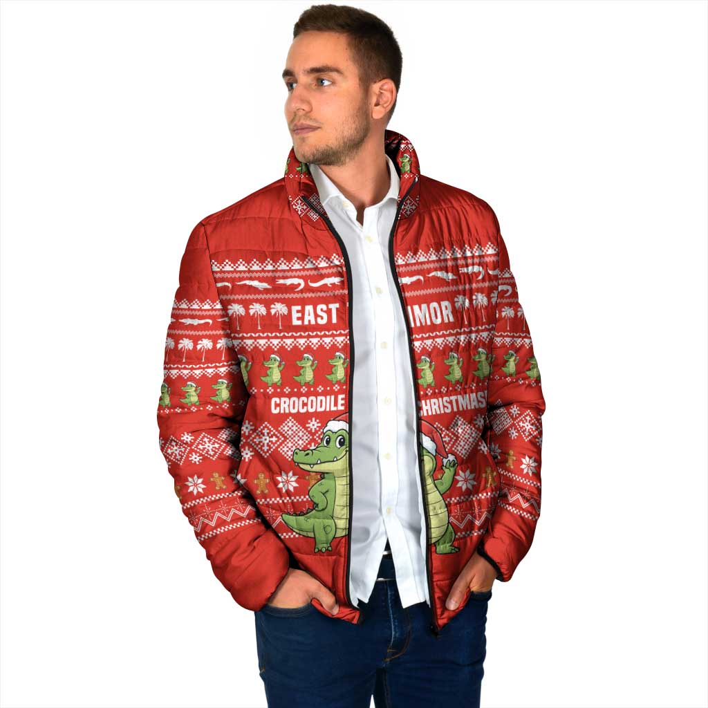 East Timor Christmas Padded Jacket with Santa Crocodile Gingerbread Palm Trees and Red Holiday - Wonder Print Shop