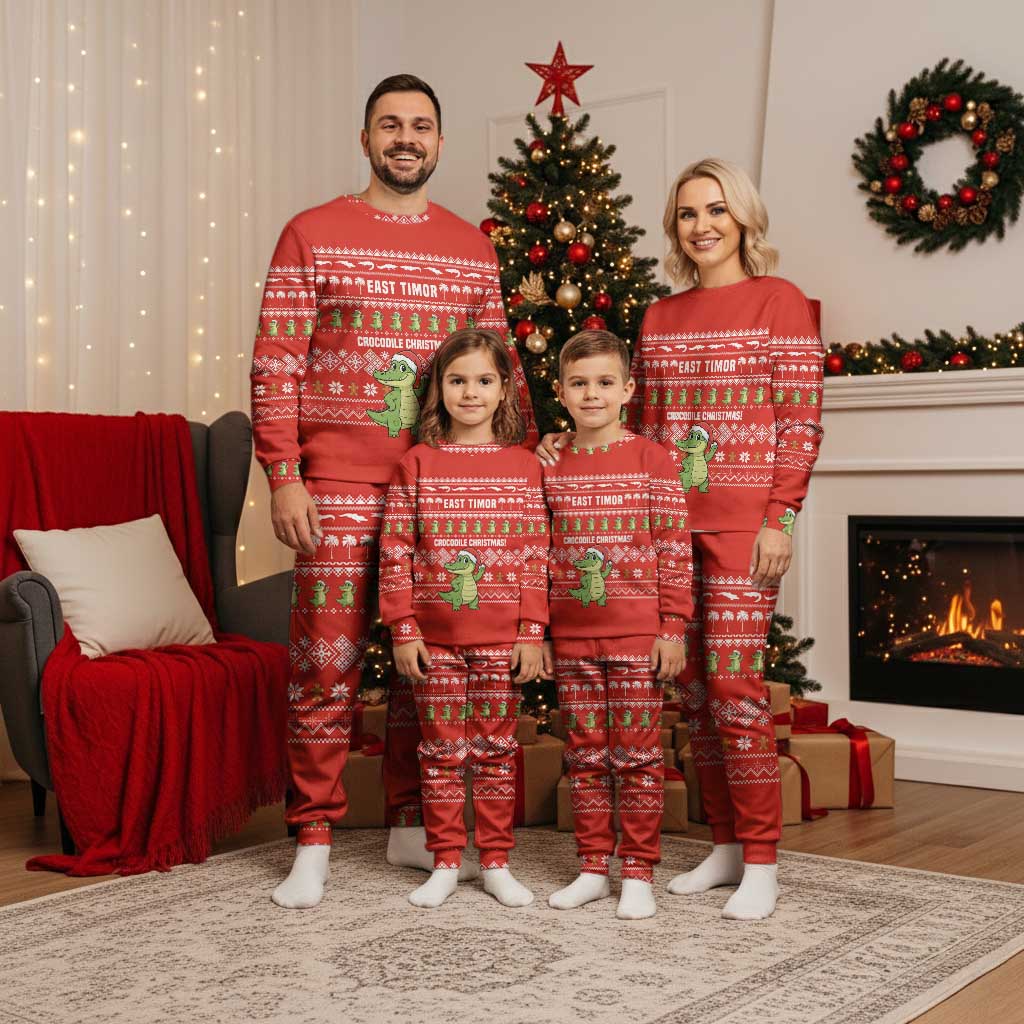 East Timor Christmas Pajama Set with Santa Crocodile Gingerbread Palm Trees and Red Holiday - Wonder Print Shop