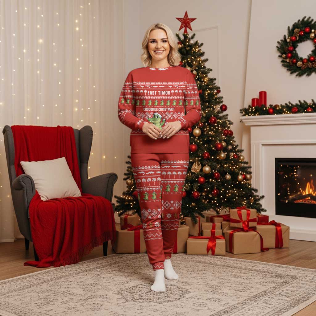 East Timor Christmas Pajama Set with Santa Crocodile Gingerbread Palm Trees and Red Holiday - Wonder Print Shop