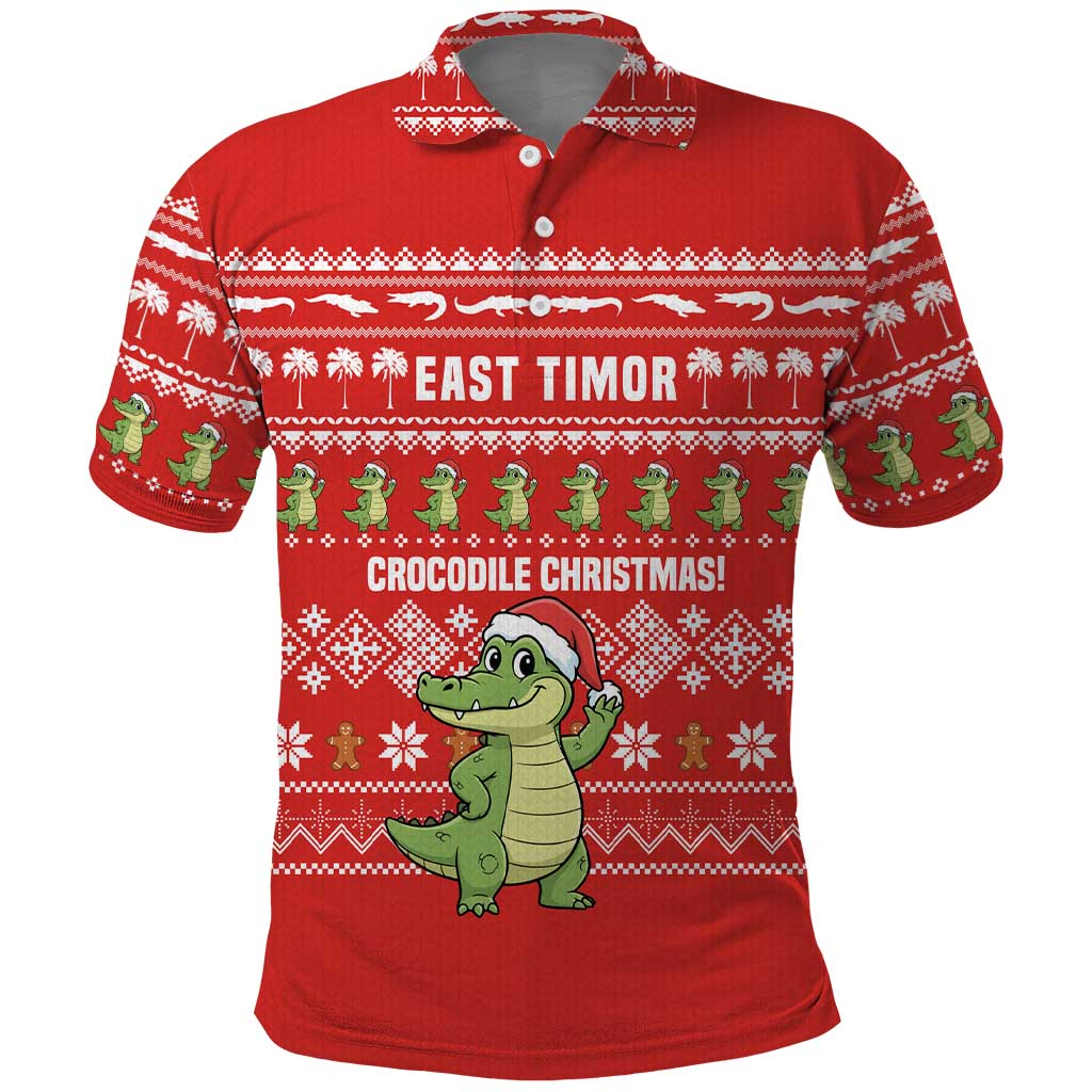 East Timor Christmas Polo Shirt with Santa Crocodile Gingerbread Palm Trees and Red Holiday - Wonder Print Shop