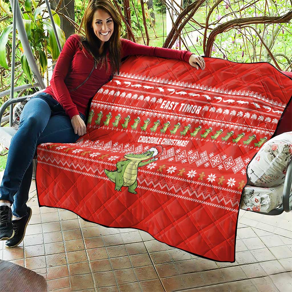 East Timor Christmas Quilt with Santa Crocodile Gingerbread Palm Trees and Red Holiday - Wonder Print Shop