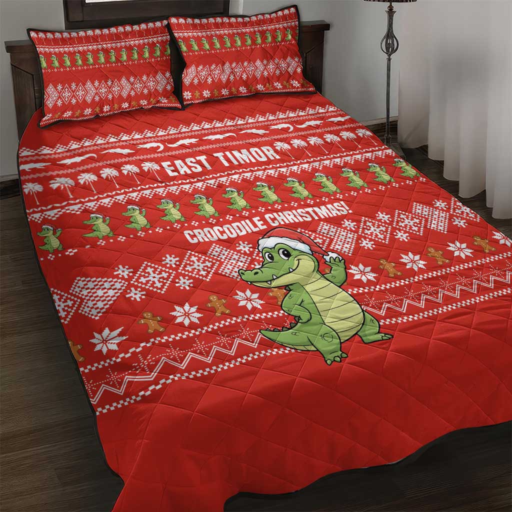 East Timor Christmas Quilt Bed Set with Santa Crocodile Gingerbread Palm Trees and Red Holiday - Wonder Print Shop