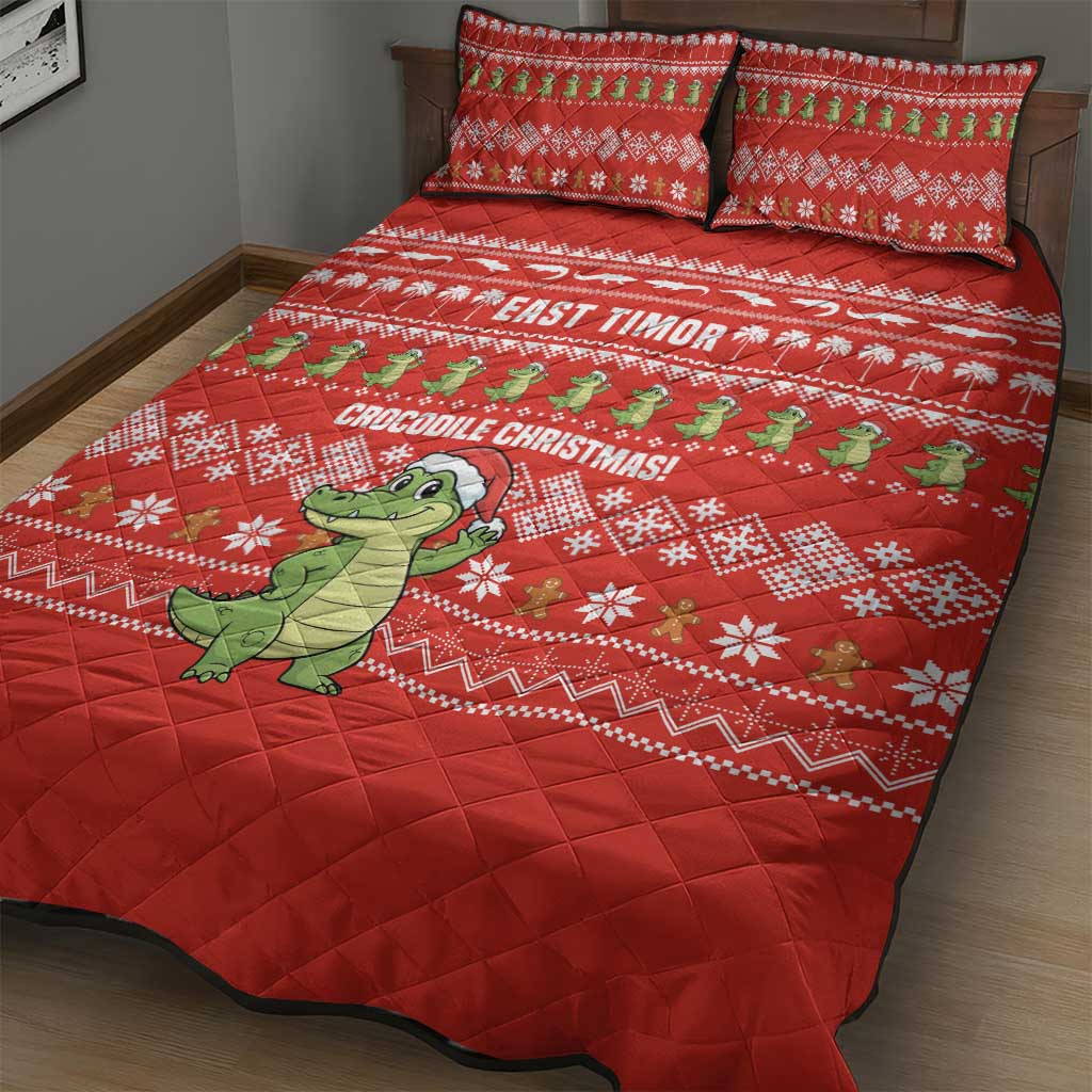 East Timor Christmas Quilt Bed Set with Santa Crocodile Gingerbread Palm Trees and Red Holiday - Wonder Print Shop