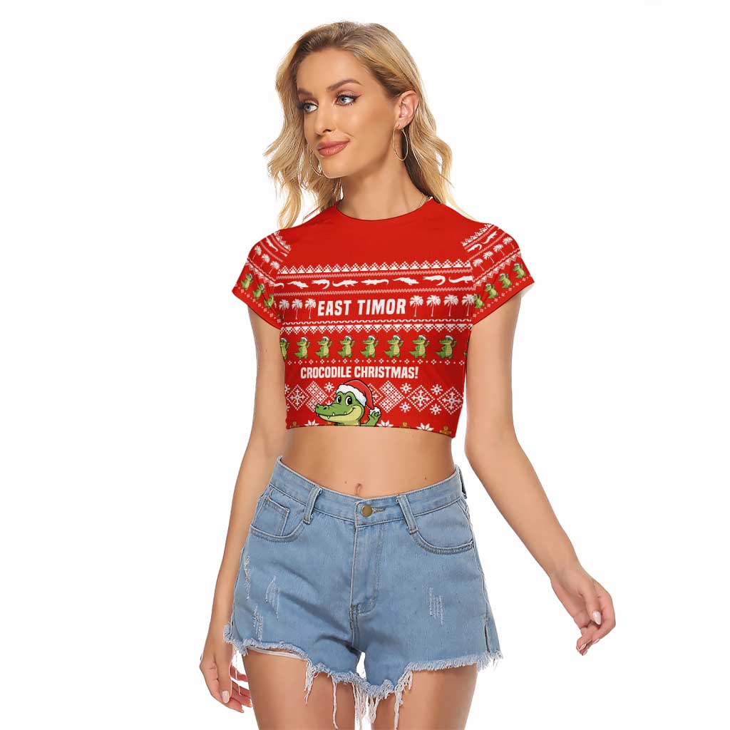 East Timor Christmas Raglan Cropped T Shirt with Santa Crocodile Gingerbread Palm Trees and Red Holiday - Wonder Print Shop