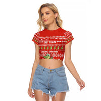 East Timor Christmas Raglan Cropped T Shirt with Santa Crocodile Gingerbread Palm Trees and Red Holiday - Wonder Print Shop