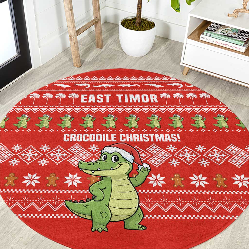 East Timor Christmas Round Carpet with Santa Crocodile Gingerbread Palm Trees and Red Holiday - Wonder Print Shop