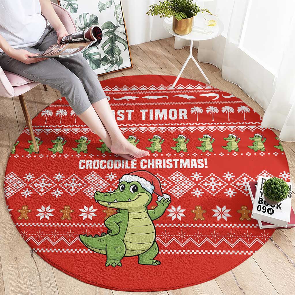 East Timor Christmas Round Carpet with Santa Crocodile Gingerbread Palm Trees and Red Holiday - Wonder Print Shop