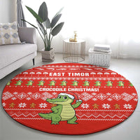 East Timor Christmas Round Carpet with Santa Crocodile Gingerbread Palm Trees and Red Holiday - Wonder Print Shop