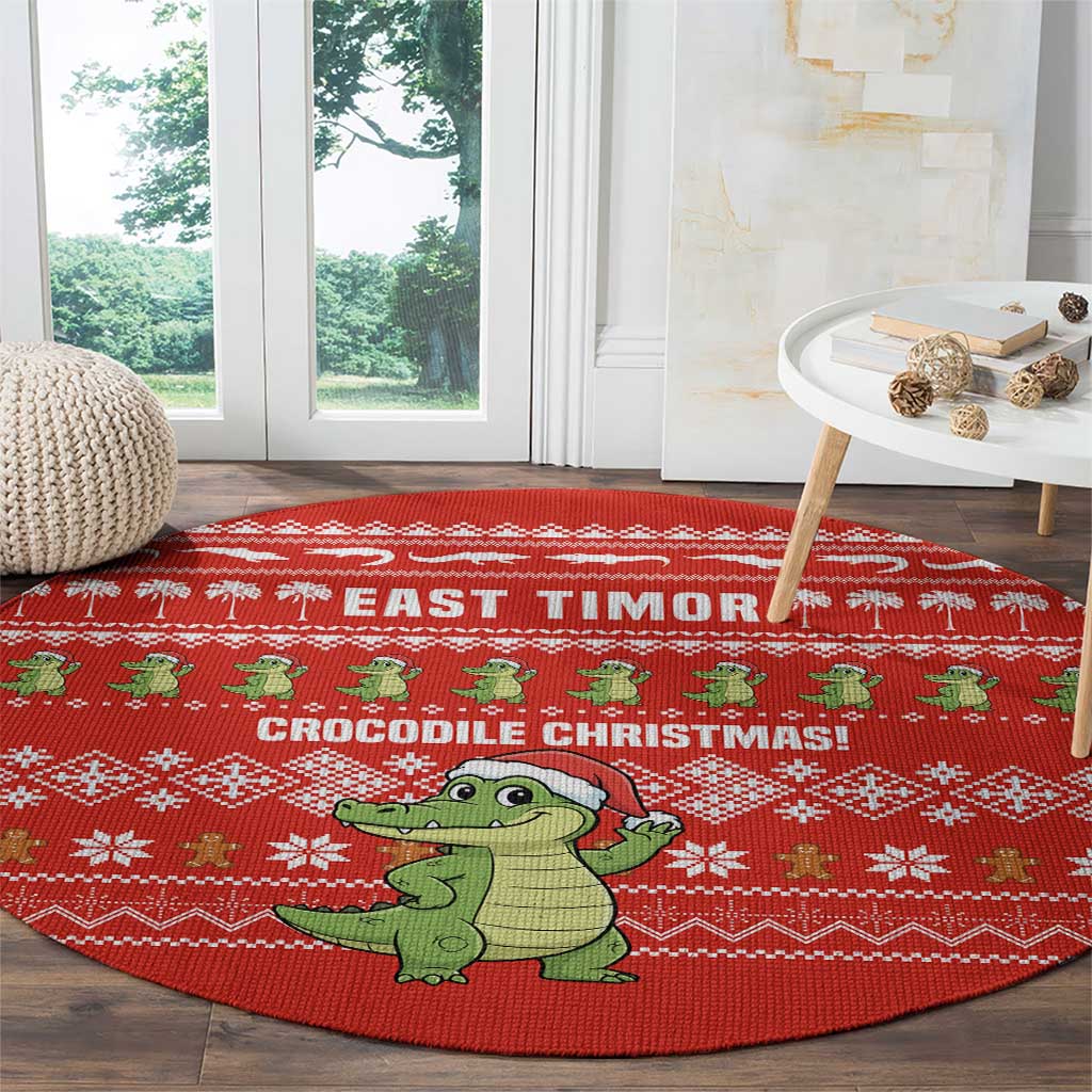 East Timor Christmas Round Carpet with Santa Crocodile Gingerbread Palm Trees and Red Holiday - Wonder Print Shop