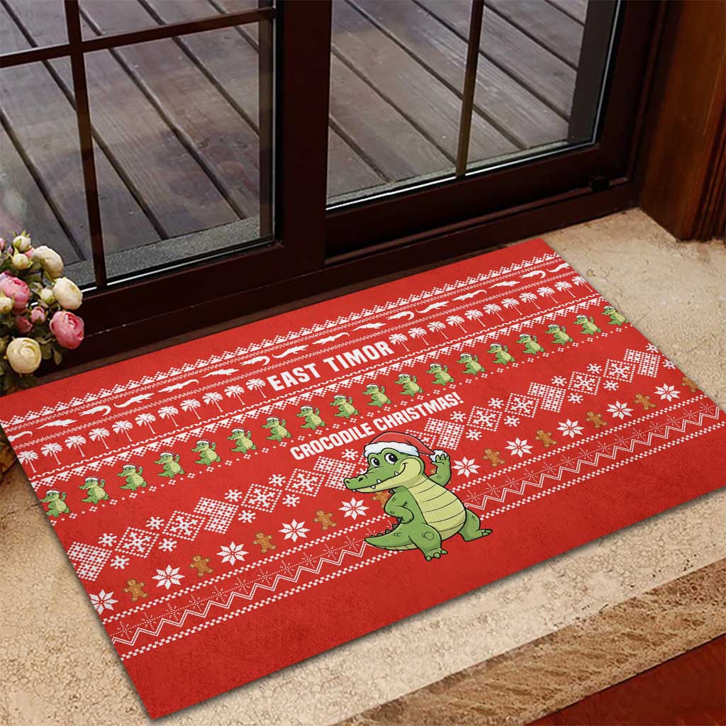East Timor Christmas Rubber Doormat with Santa Crocodile Gingerbread Palm Trees and Red Holiday - Wonder Print Shop