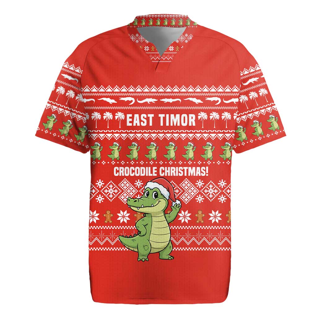 East Timor Christmas Rugby Jersey with Santa Crocodile Gingerbread Palm Trees and Red Holiday - Wonder Print Shop