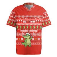 East Timor Christmas Rugby Jersey with Santa Crocodile Gingerbread Palm Trees and Red Holiday - Wonder Print Shop