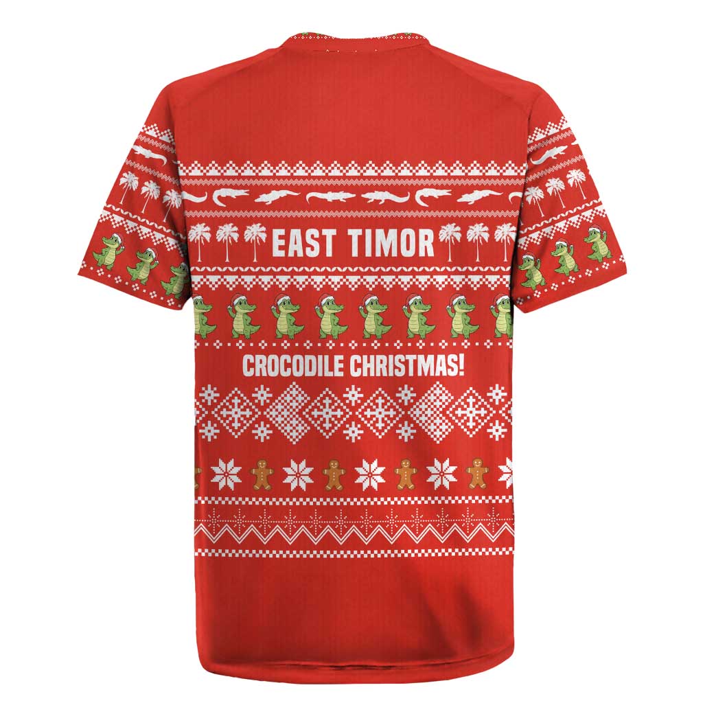 East Timor Christmas Rugby Jersey with Santa Crocodile Gingerbread Palm Trees and Red Holiday - Wonder Print Shop