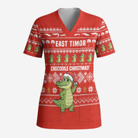 East Timor Christmas Scrub Top with Santa Crocodile Gingerbread Palm Trees and Red Holiday - Wonder Print Shop